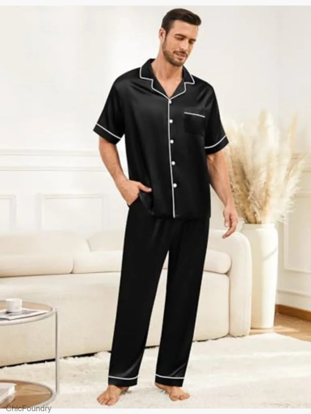 Men's Silk Pajama Set Short Sleeve Button Down Lounge Set with Pockets S-3XL